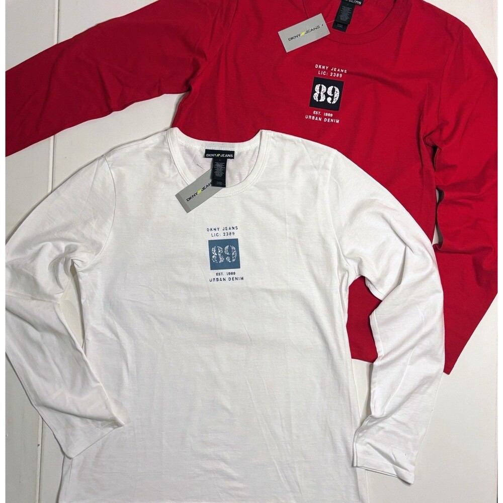 NWT 2 Lot Set DKNY Sport Top Women’s L Red White L/S Logo Fitted Stretch Y2K 90s